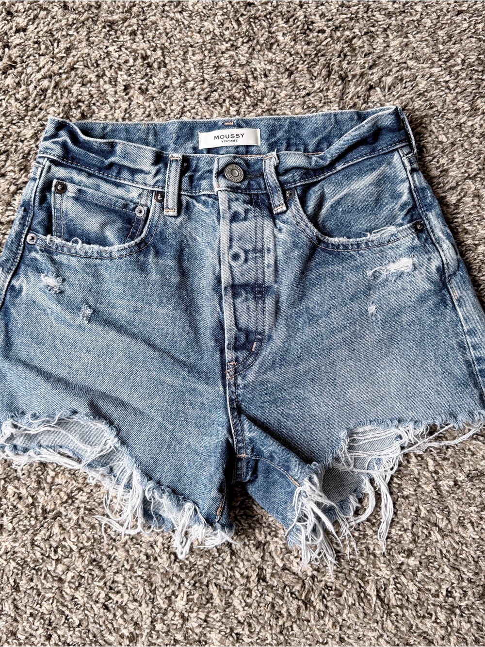 Moussy Vintage Distressed Dark Wash High-Rise Denim Shorts - Picture 2 of 6